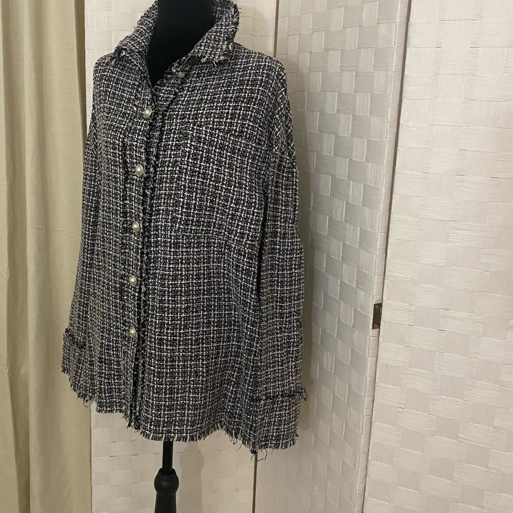 Chic Black and White Tweed Blazer with faux pearl buttons
